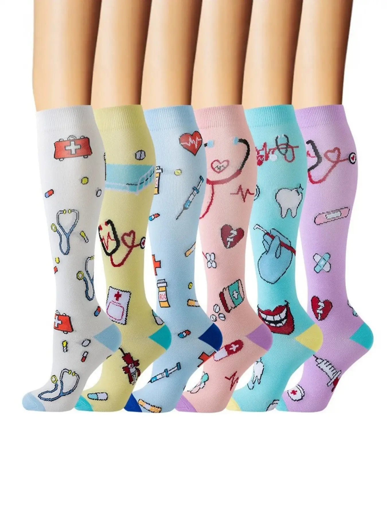 6 Pairs Unisex Compression Socks, Promote Circulation, Knee-High, Ideal for Running, Medical Care, Nursing, Long Trips