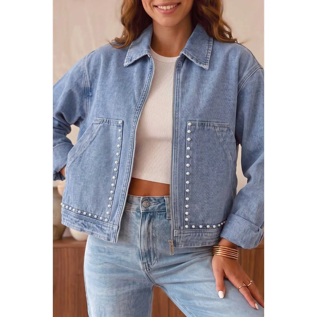 Beau Blue Studded Metal Zipper Rivet Pockets Long Sleeve Denim Jacket