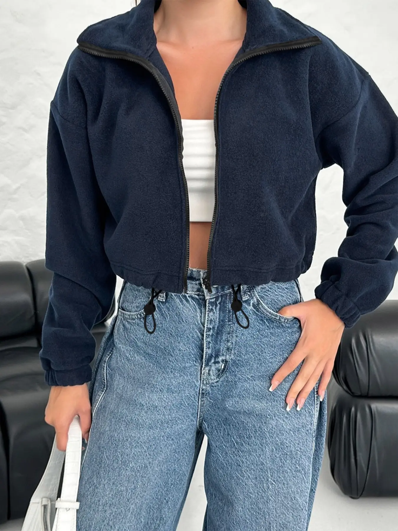 Oversized Cropped Zip Up Drawstring Hem Stand Collar Jacket,Y2K Athleisure Workout Gym Casual Outdoor Long Sleeve Loose Fit Windproof Crop Outerwear For Women Trendy Daily Streetwear Activewear Lightweight Warm Going Out Sports Travel Fall Winter Fashion