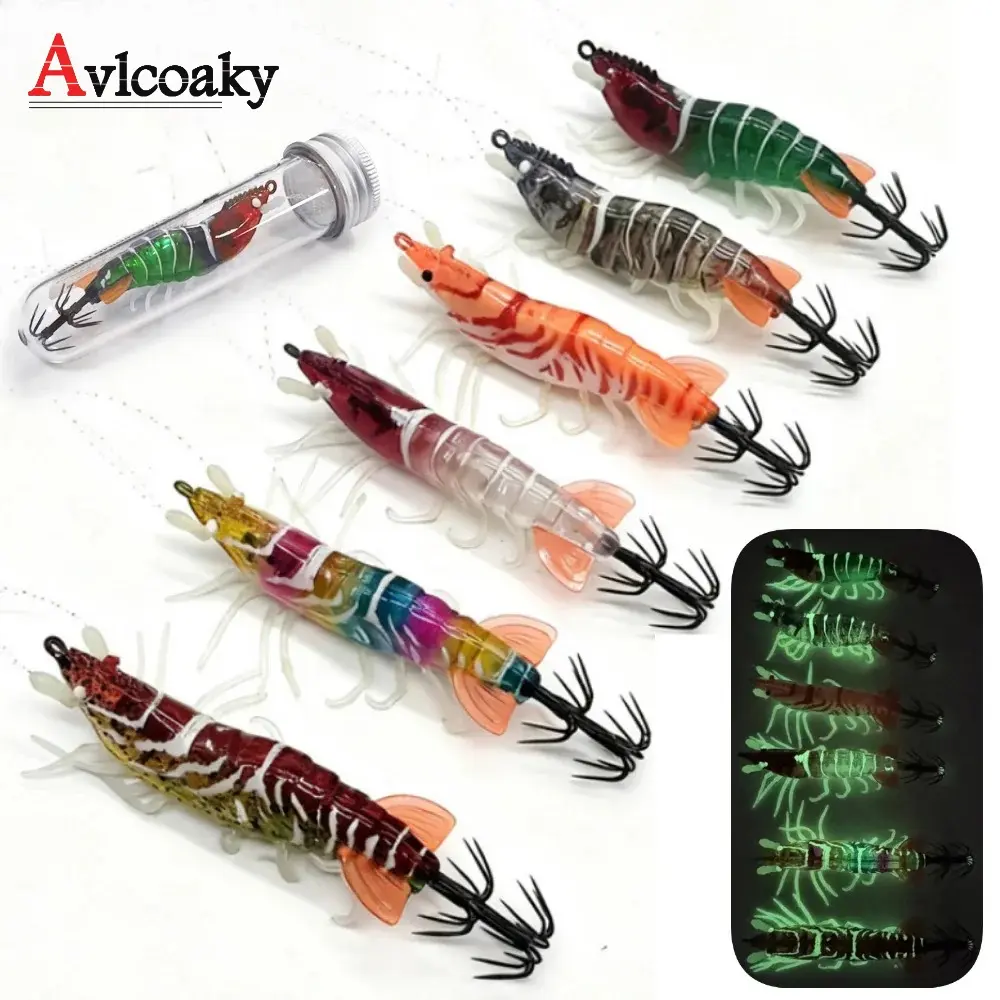 1pc 8cm Glow Real Shrimp Prawn Lure Saltwater Shrimp Cuttlefish Fishing Accesseories Octopus Shrimp Squid Jig Hooks Fishing Lures