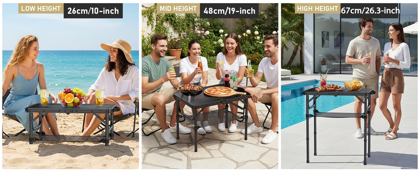 Anbte 2ft Folding Camping Table with Storage Net, 3 Adjustable Heights Small Folding Table Lightweight & Portable with Carry Handle, for Camping, Fishing, Picnic, Beach, Outdoor, 22.8" x 15.7", Black