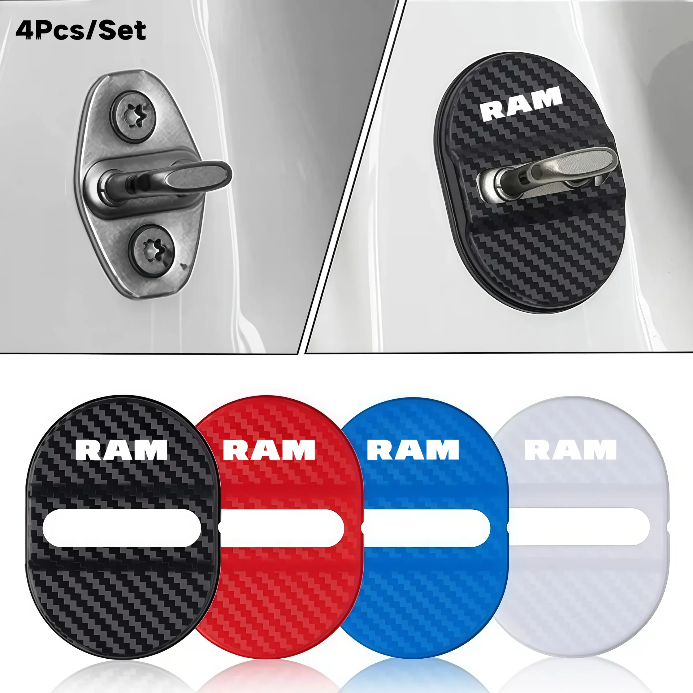 4pcs Car Door Lock Protection Covers, Plastic Rust-Resistant Buffer Guards, RAM Compatible, Universal Vehicle Decor Stickers