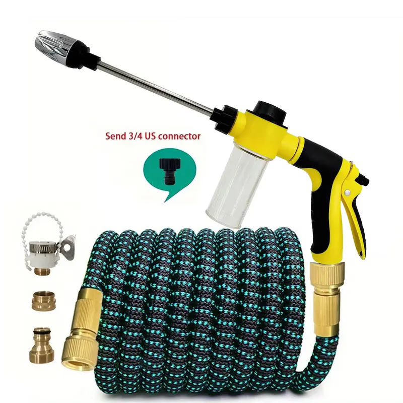 Upgrade Leakproof Stretch Expandable Water Hose With Soap Dispenser Foam Cannon Spray Gun, Full Faucet Connection Accessories Anti-Tangle Retractable Water Pipe For Household Outdoor Cleaning