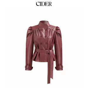 Cider Faux Leather Funnel Neck Long Sleeve Double Breasted Shacket With Belt SummerFinds