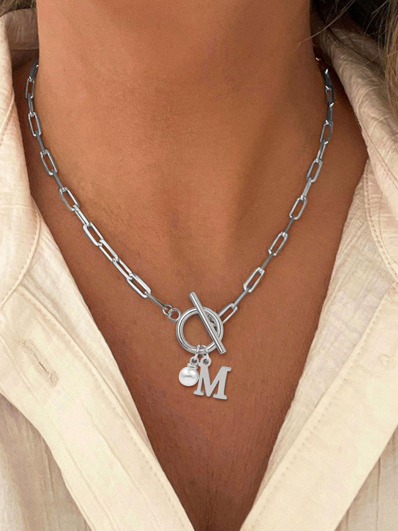 Women's Elegant Faux Pearl Decor OT Buckle Pendant Necklace, Exquisite Trendy Letter Charm Pendant Necklace, Fashion Vintage Jewelry for Party & Daily Decor, Necklace Initial