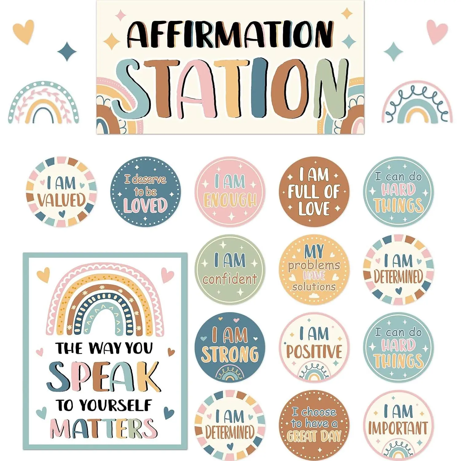 32 count Boho Affirmation Station Bulletin Board Set Positive Posters for Classroom Growth Mindset Decorations Inspirational Motivational Accent Cutouts for  School Teacher Wall Supplies