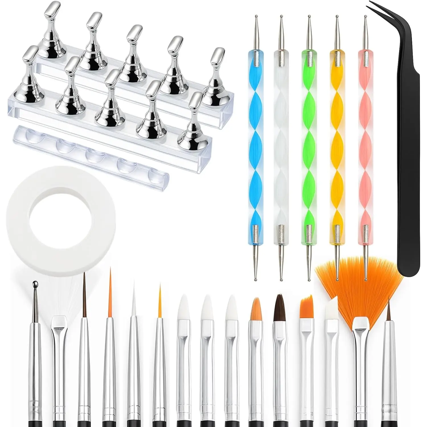 25-Piece Complete Nail Art Tool Set – Nail Art Kit – Includes Brushes, Dotting Pens, Nail Stands, Tweezers, Brush Holder & Tape – Ideal for Salon, Home DIY, Beginners & Professionals