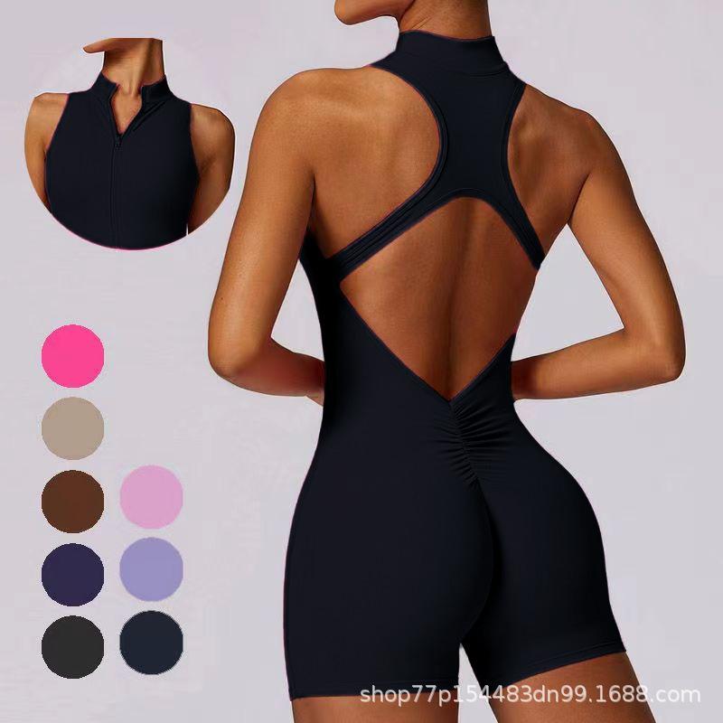 Popular cross-border European and American high-elasticity sports fitness zippered jumpsuit, naked-feel tight-fitting one-piece yoga outfit