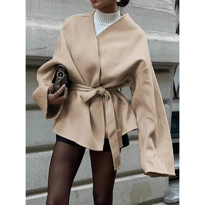 Women V‑neck Belted Waist‑tie Short Outer Coat, Long‑sleeve Loose‑fit Wrap Style Jacket, Solid‑color Cinched‑waist Casual Outerwear, Elegant Cropped Overcoat, Fashion Street‑style Outer Top For Commute, Dating And Shopping Spring‑autumn Daily Outfit