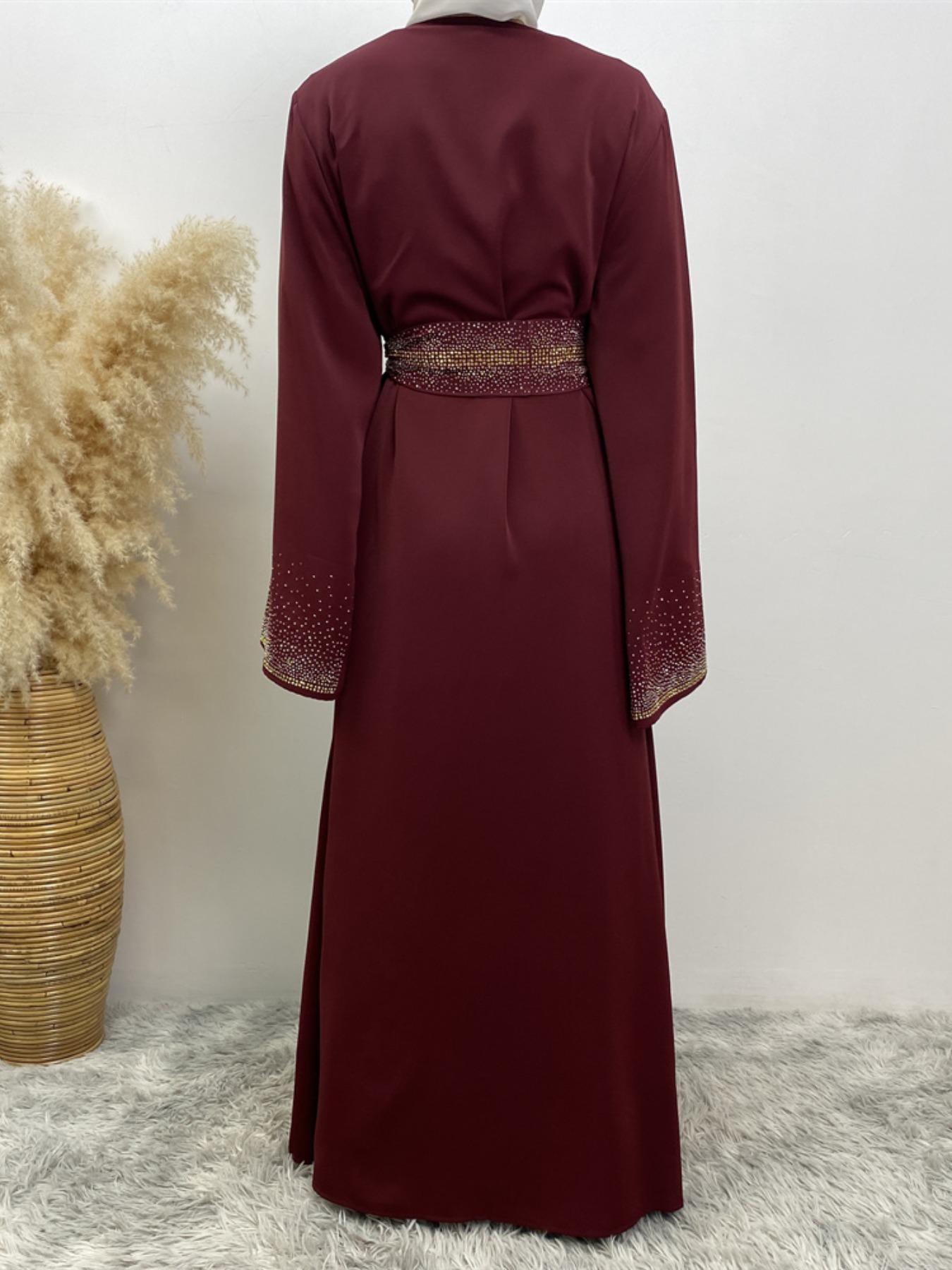 Women's Glitter Rhinestone Embellished Belted, Long Sleeve Open Front Abayas for Eid, Women's Islamic Clothing for Spring & Fall Women's Glitter Rhinestone Embellished Belted, Long Sleeve Open Front Abayas for Eid, Women's Islamic Clothing for Spring & Fall