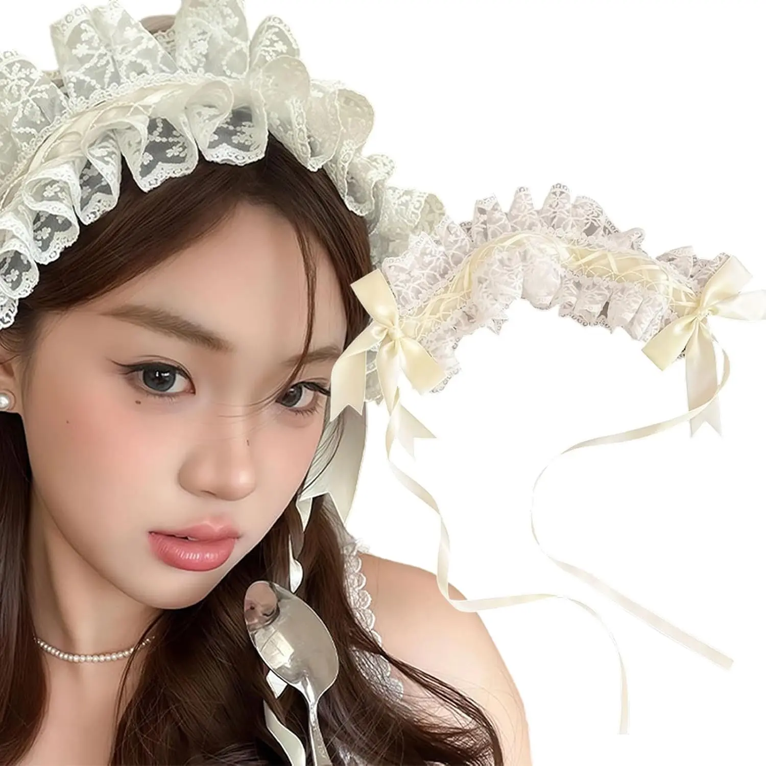 Lolita Ruffled White Lace Headband Gothic Sweet Bowknot  Headdress Hair Clips for Women Halloween Maid Princess   Party Hair Accessories