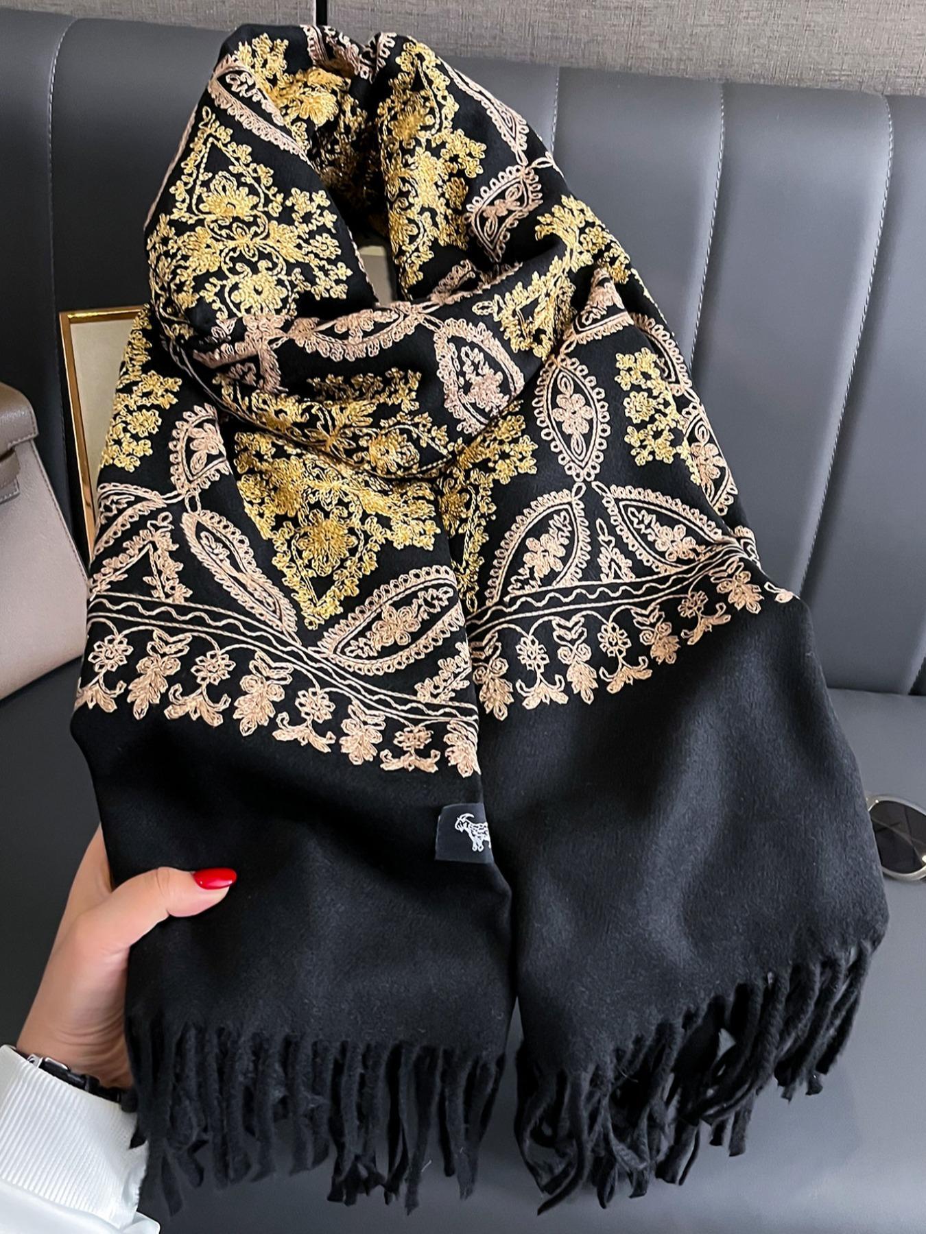 Boho Style Plant Embroidery Double Sided Scarf, Casual Soft Warm Fringe Trim Floral Embroidered Shawl for Women & Men, Fashion Accessories for Daily Wear