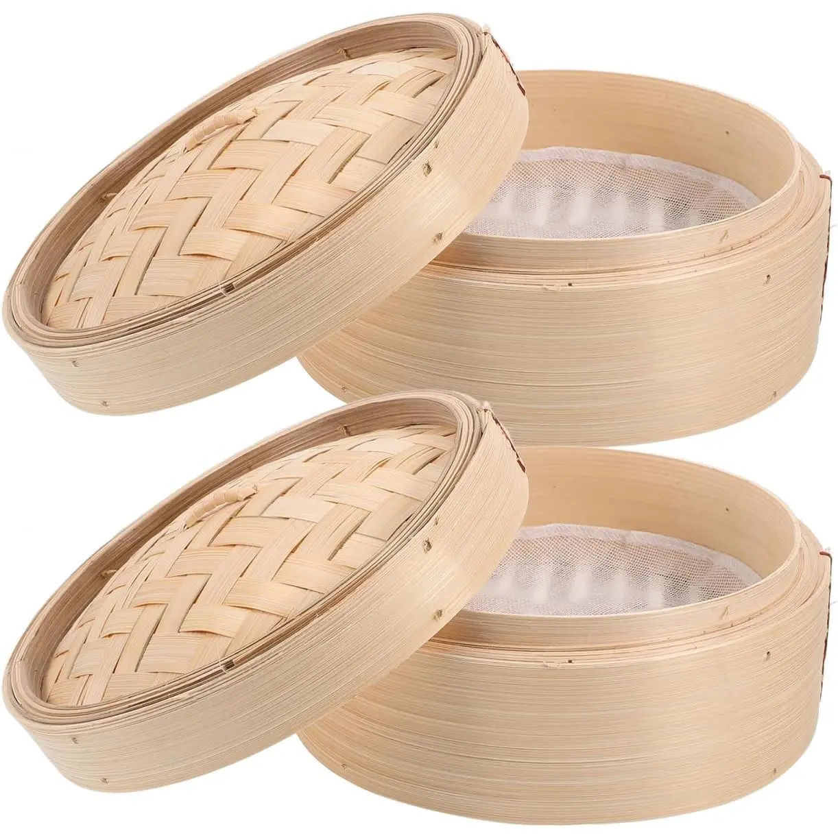 2pcs Handmade Bamboo Steamers with Cover, Chinese Dim Sum Cookers for Healthy Cooking Dumplings, Rice, Vegetables and More