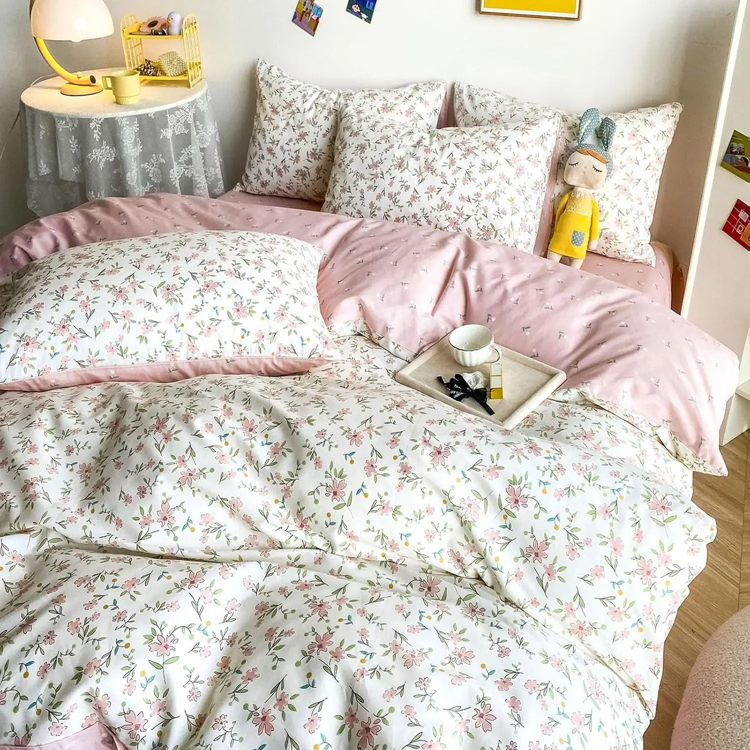 Soft Cotton White Queen Duvet Cover with Pink Floral Print, Garden Style Botanical Comforter Zipper Closure, Cottagecore Set - 1 Cover, 2 Pillowcases, Queen(90''x90''), (HB03641Q)