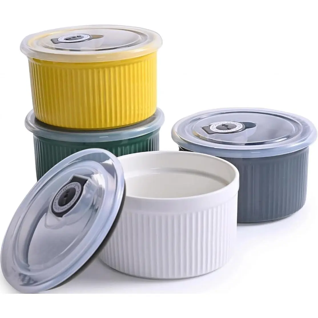 14 oz Ceramic Ramekins with Lids, Set of 4 Oven Safe Porcelain Ramekins for Baking Creme Brulee, Souffle, Pudding, Dessert, Dip, Leftovers & Food Storage, Multi-color