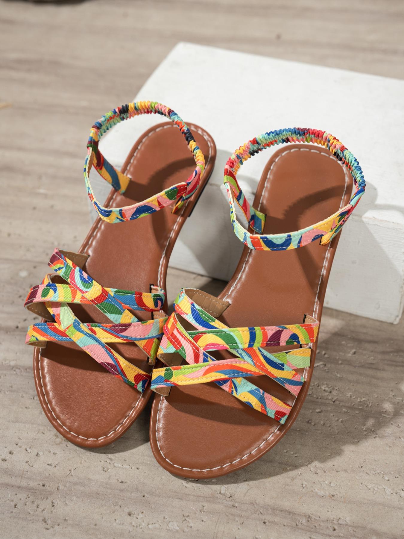 Women's Fashionable Rainbow Colorful Band Design, Casual Open Toe Slip on Multi Strap Sandals for Beach, Fashionable Shoes for Daily Wear, Summer