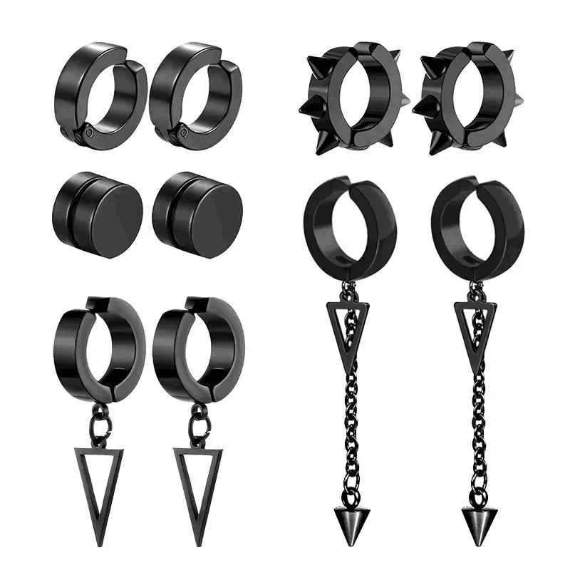 5 pairs of fashionable men's punk cross pendants stainless steel earless magnet earrings set