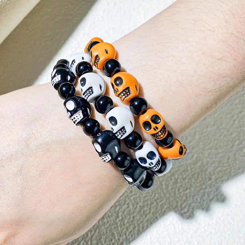 Unisex 3PC Gothic Black White Skull Motif Beaded Charm Stack Bracelet - Punk Vintage Halloween Hip Hop Elastic Strand Sports Wristband for Rock Music Festival Gift, Unisex Wear