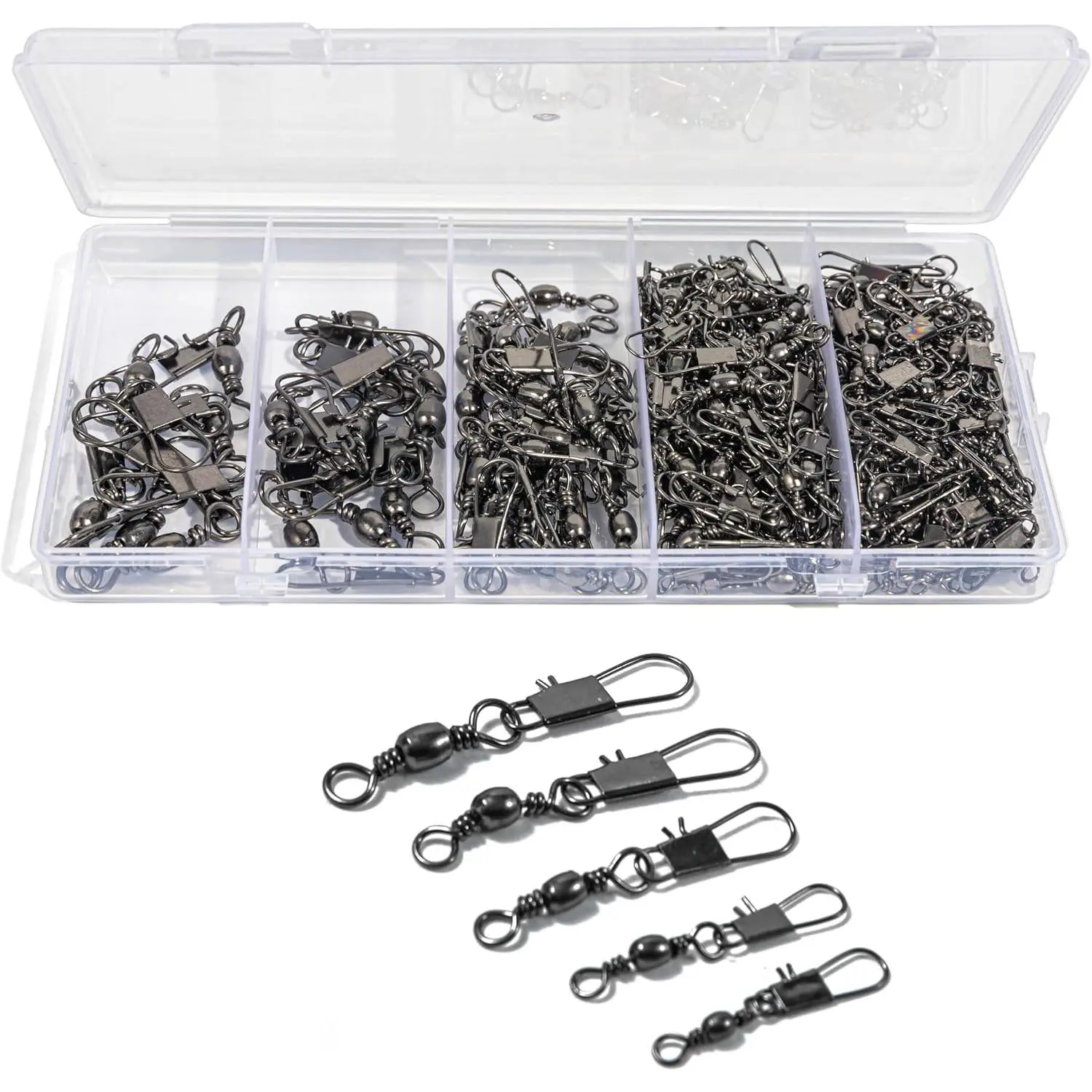 100 count Fishing Swivels, 5 Sizes Barrel Snap Swivel Fishing Tackle for Quick Linking of Lures and Lines