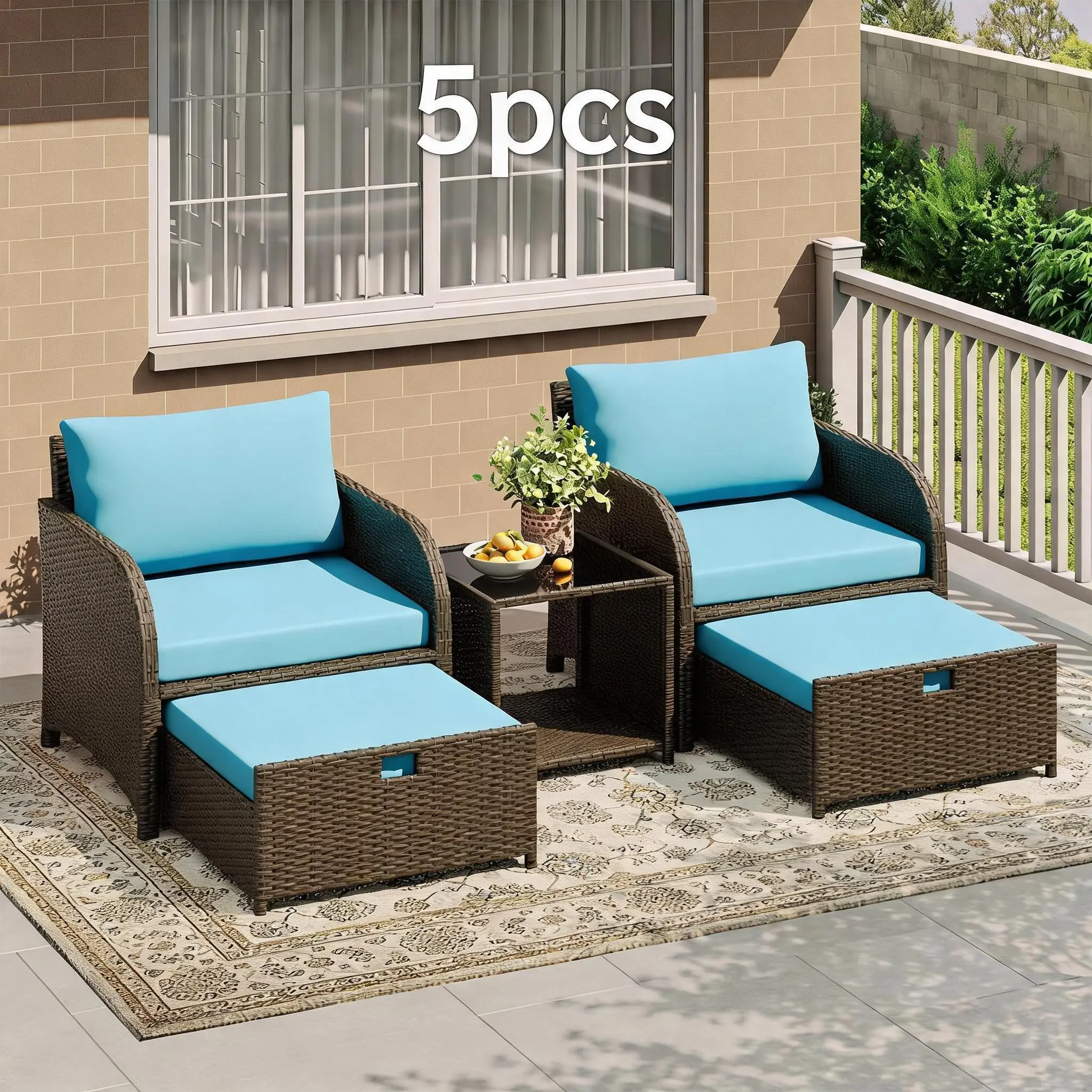 5-Piece Patio Rattan Sofa Set - Outdoor Wicker Conversation Furniture with Cushioned Lounge Chairs, Ottomans & Tempered Glass Table - Waterproof Soft Cushions for Garden, Backyard, Balcony, Porch