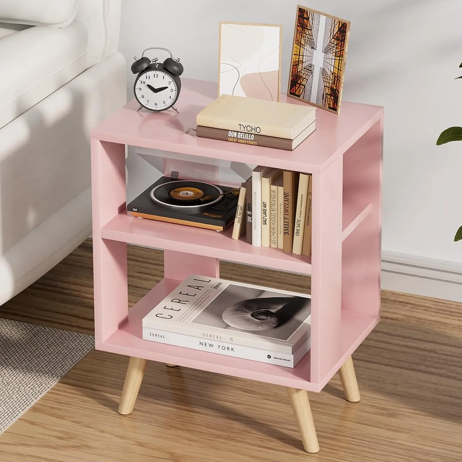 Pink Kids 2-Tier Night Stand - Modern Indoor Furniture with Open Storage, Space-Saving Nursery Bedside End Table for Bedroom