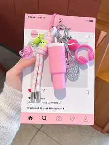 Sports Water Bottle Keychain, Tennis Racket & Headphone Charm. Trendy preppy backpack accessory for teen girls, sturdy portable decor, lovely practical gift for students and young adults