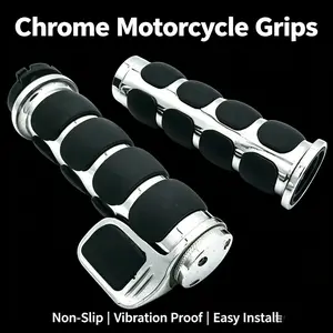 Chrome Motorcycle Handlebar Grips with Cruise Assist, Anti-Slip, Vibration Dampening, Ideal for Harley Cruisers, Comfortable Riding Experience