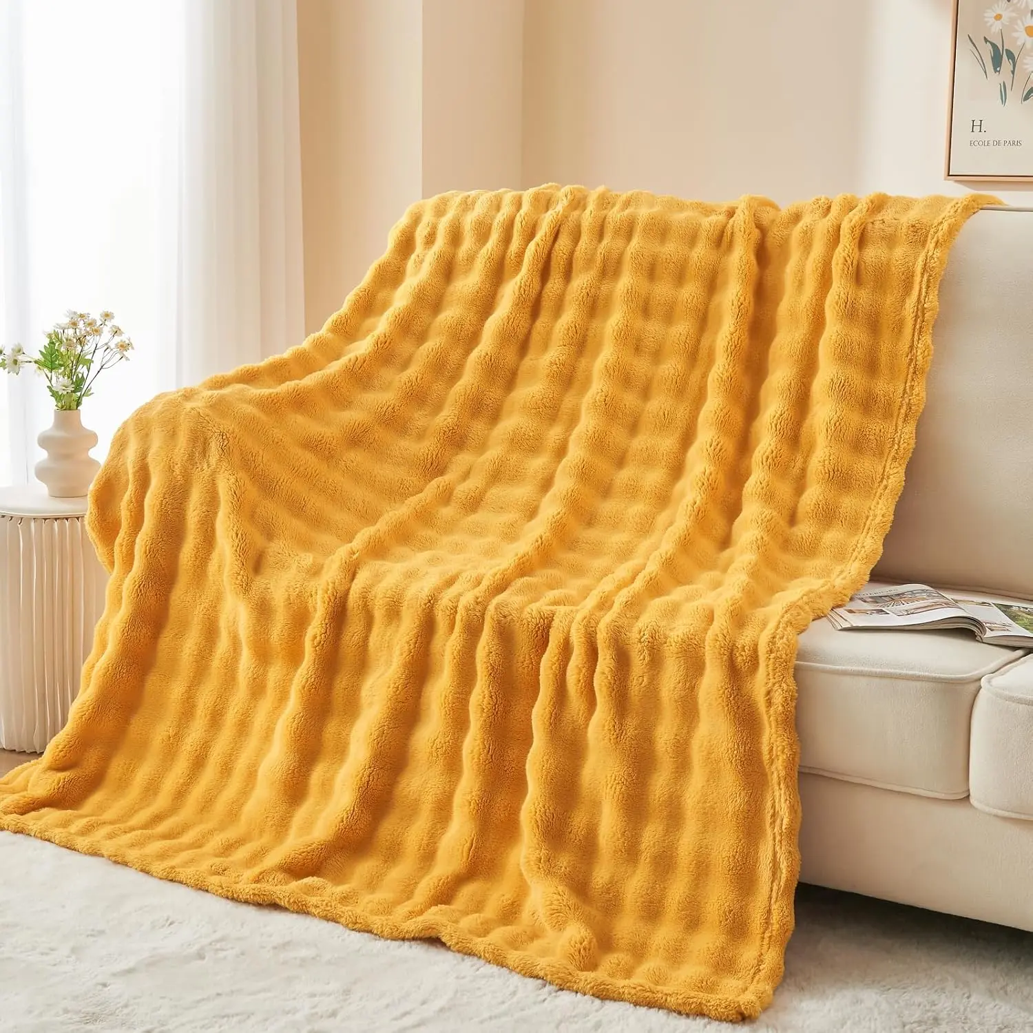 Throw Blanket for Couch Mustard Yellow Soft Flannel Fleece 3D Bubble Lightweight Bed Blanket All Season Use (Mustard Yellow, Throw(50"x60"))