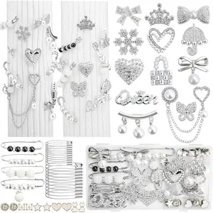 RQAYE Silver Shoe Charms for Sneakers, Junk Socks Charms Kit, Brooches and Pins for Women, Pearl and Rhinestone Sock Charm with Safety Pins,DIY Accessories for Decorating and Personalizing Socks