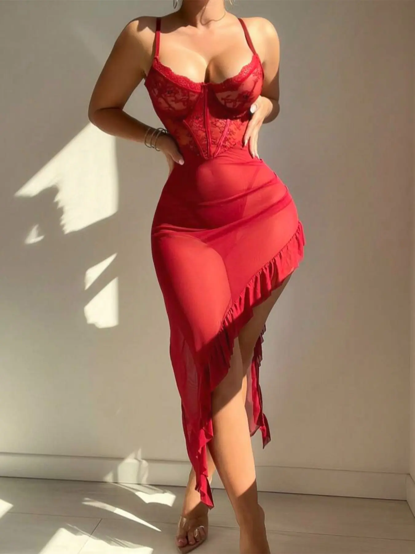 Women's Romantic Sheer Lace Mesh Doll Dress, Nightdress Sleepwear, Flowy Ruffle Hem, Elegant Lining, Date Night Home Sleepwear, Private Sleepwear