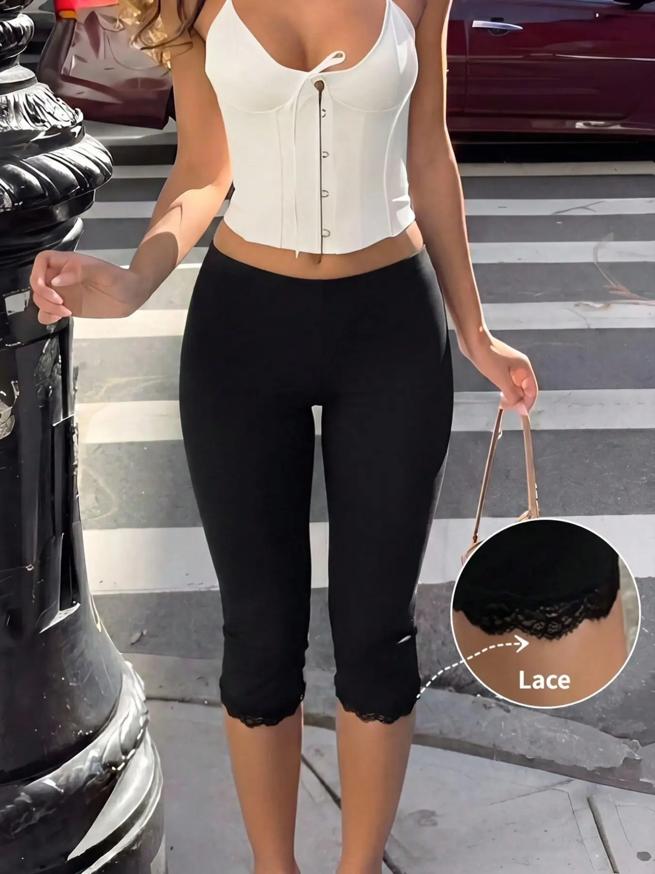 Women's Trendy Chic Capri Pants, Casual Leggings, Solid Black Vintage Lace Trim High Waist Slim Fit Capri Pants, Y2K Sexy Street Style Vibe Cropped Pants, Fashionable Coquette Aesthetic Streetwear, Suitable for Avant-Garde Daily Outing Party Bottoms