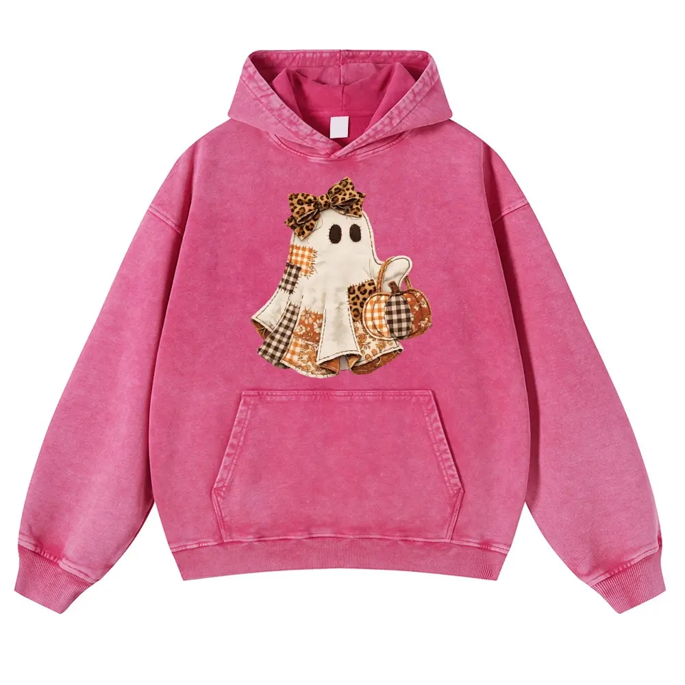 Men's 380g Thick Relaxed Fit Cotton Pullover Hoodie - Vintage Washed Menswear Sweatshirt, Patchwork Cowgirl Ghost Leopard Bow Pumpkin Prints, Casual Spooky Season Longsleeves Top (Multi-Size)