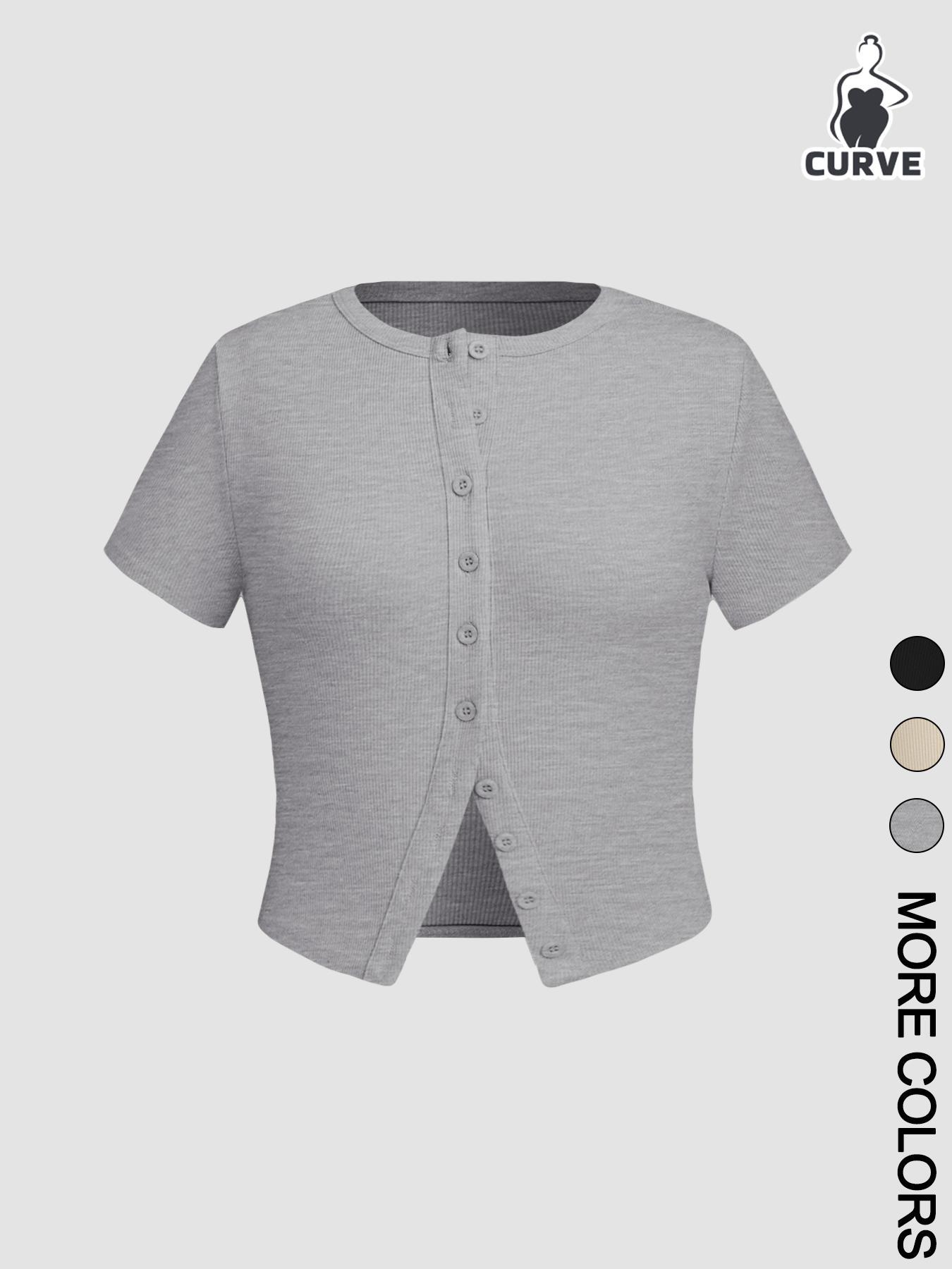 【Plus Size】 Solid Color Button Tee, Casual Short Sleeve Round Neck T-shirt for Daily Wear, Women Plus Clothing for Summer, Casual Fashionable Top, Top