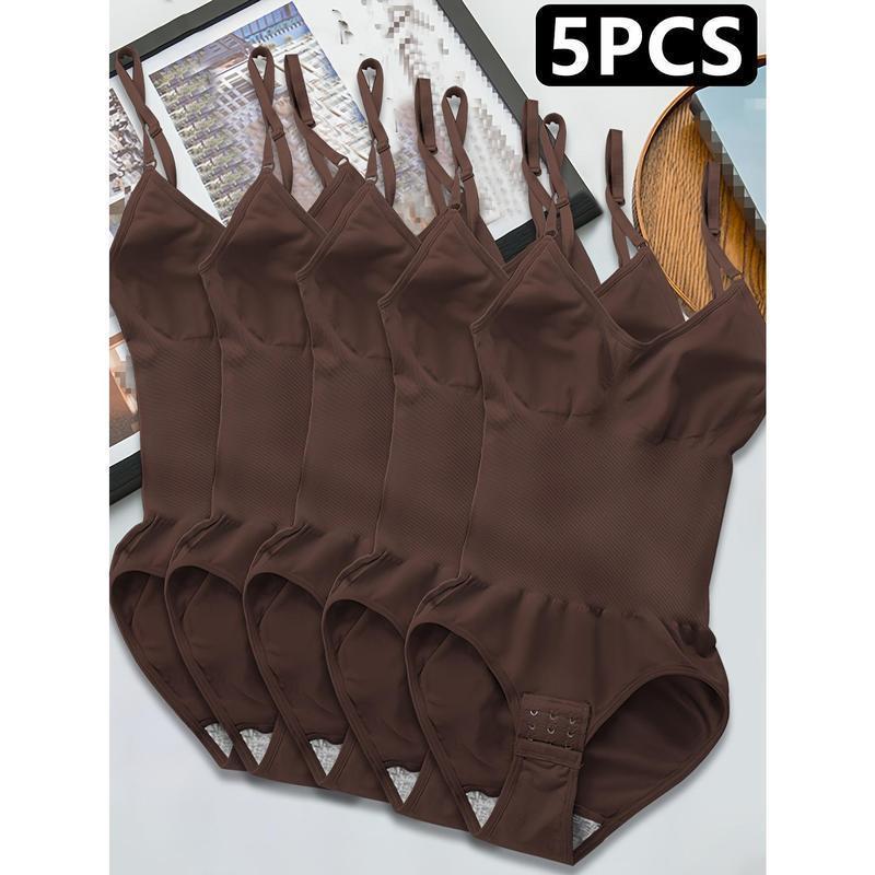 5pcs Women's Seamless Shapewear Bodysuit with Abdominal Compression & Hip Lifting - Tummy Control, No Padding, Stretchy Nylon-Spandex Blend, Black/Brown/White/Beige/Navy Blue, for Travel & Casual Attire, Comfort Undergarment |         Closefitting Sha