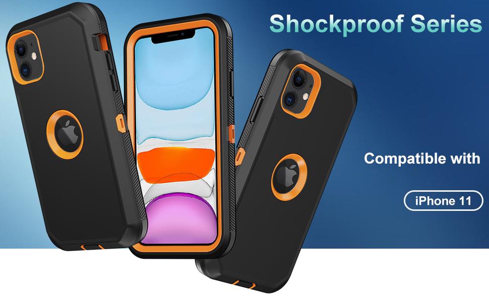 for iPhone 11 Case, with Built in Screen Protector Heavy Duty Drop Protection, Full Body Rugged Shockproof Dust Proof 3- Layer Tough Protective Phone Cover for Apple iPhone 11 Black/Orange