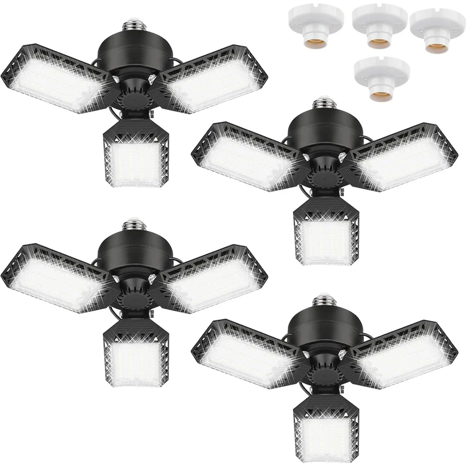 4 Pack Led Garage Lights, 60W Deformable Garage Ceiling Light 8000 lm E26 Basement Lights with 3 Adjustable Led Panels, Fits for Warehouse, Workshop, Barn, and Yard