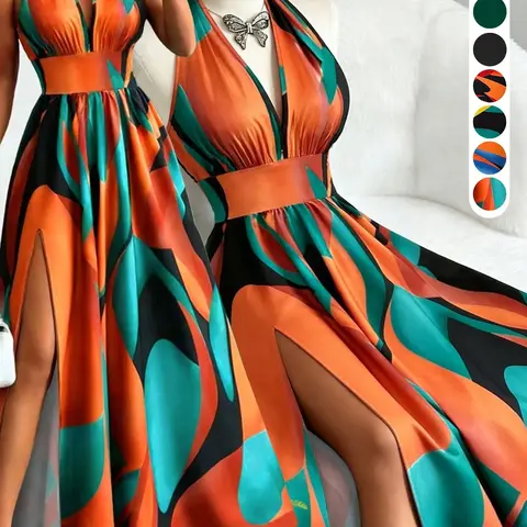 【Black Friday】Printed Halter Long Dress, Deep V Neck Split Dress, Vintage Style, Sleeveless Backless Design for Beach Vacation, Summer Dresses
