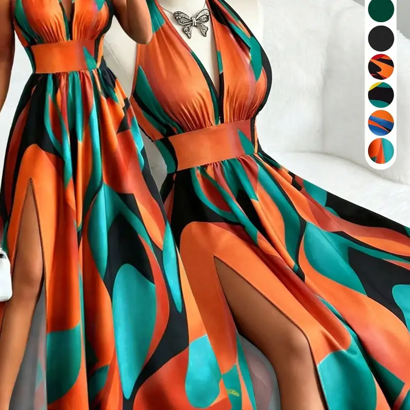 【Black Friday】Printed Halter Long Dress, Deep V Neck Split Dress, Vintage Style, Sleeveless Backless Design for Beach Vacation, Summer Dresses