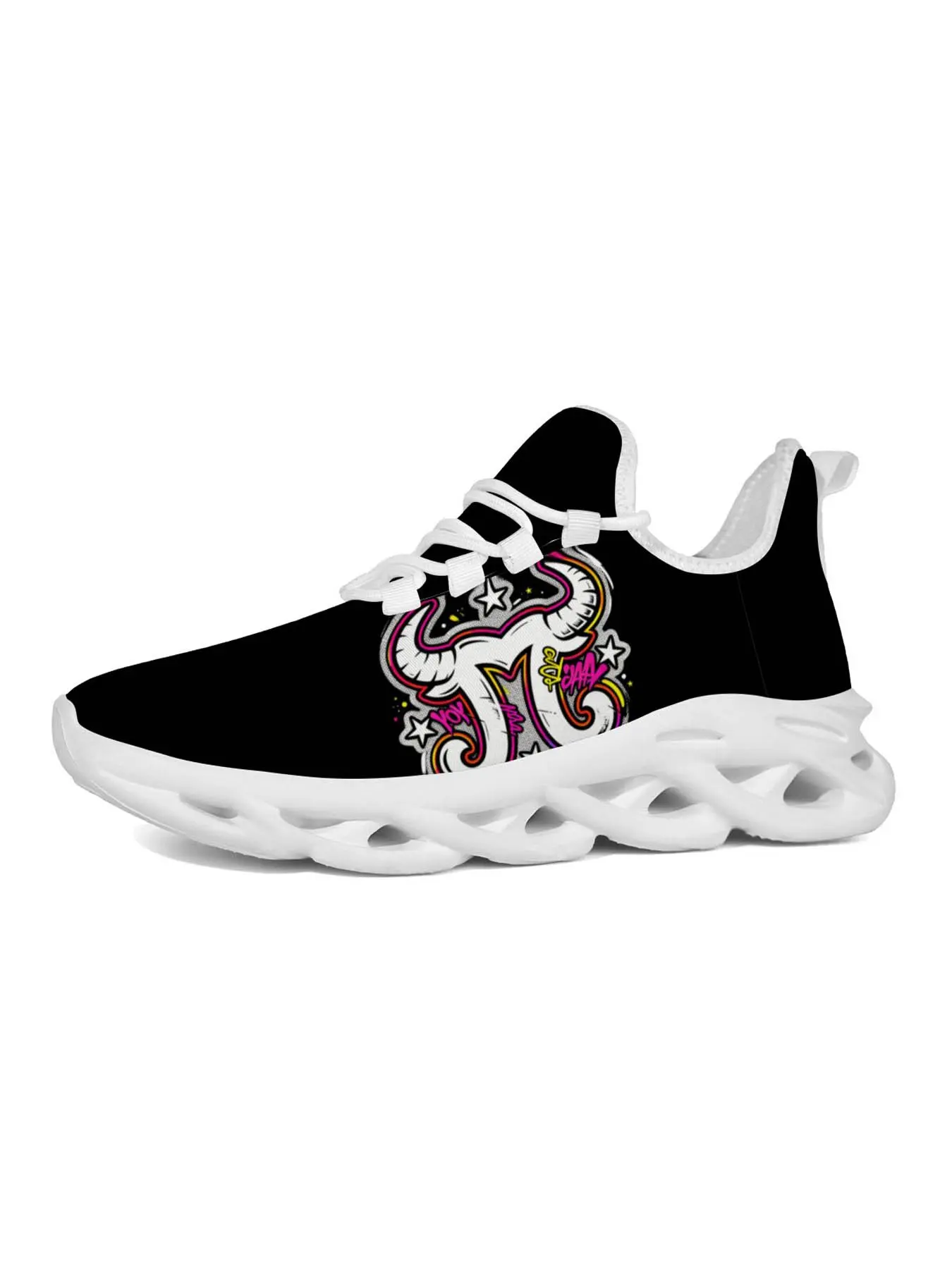 Graffiti Style Bull Zodiac Sneakers, Street Art Design, Colorful Bull Print, Hollow Out Sole, Fashionable and Versatile, Must-Have for Trendy Youth