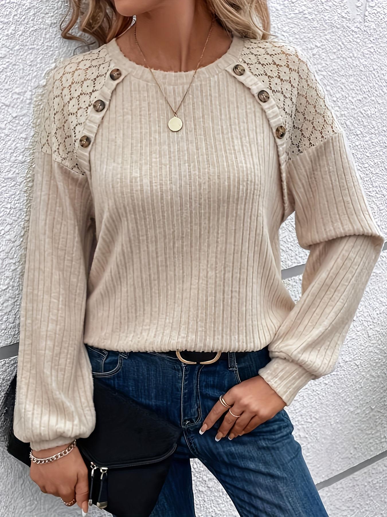 Women's Contrast Floral Lace Button Decor Ribbed Tee, Casual Drop Shoulder Long Sleeve Round Neck T-shirt for Spring & Fall, Fashion Women's Tops for Daily Wear