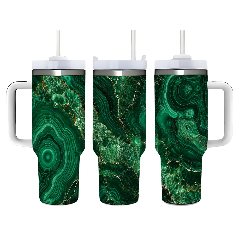 40oz Emerald Green Malachite Marble Gold Vein Stainless Steel Tumbler - Vacuum Insulated Double Wall Drinkware with Handle, Straw, Lid - Iced Tea & Coffee Flask with Superior Insulation, Ideal Birthday Holiday Gift, Flasks