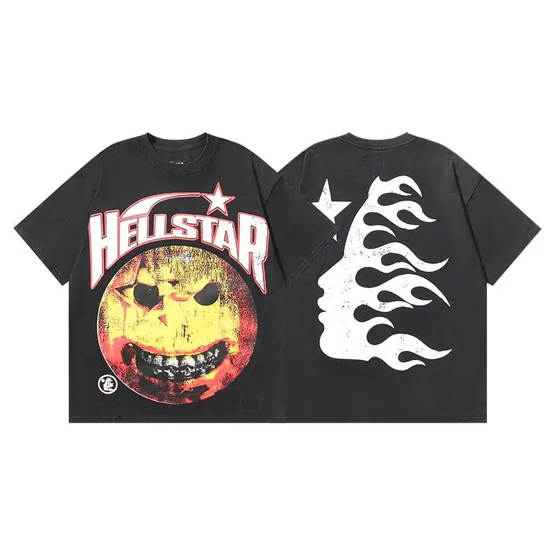 Hellstar Unisex Oversized Short-Sleeve Sports T-Shirt, Vintage Washed Black Crew-Neck, Front Evil Smiley Graphic with HELLSTAR Letter Print, Back White Flame Side-Profile, Streetwear Hip-Hop Casual Top for Daily Street Outfits