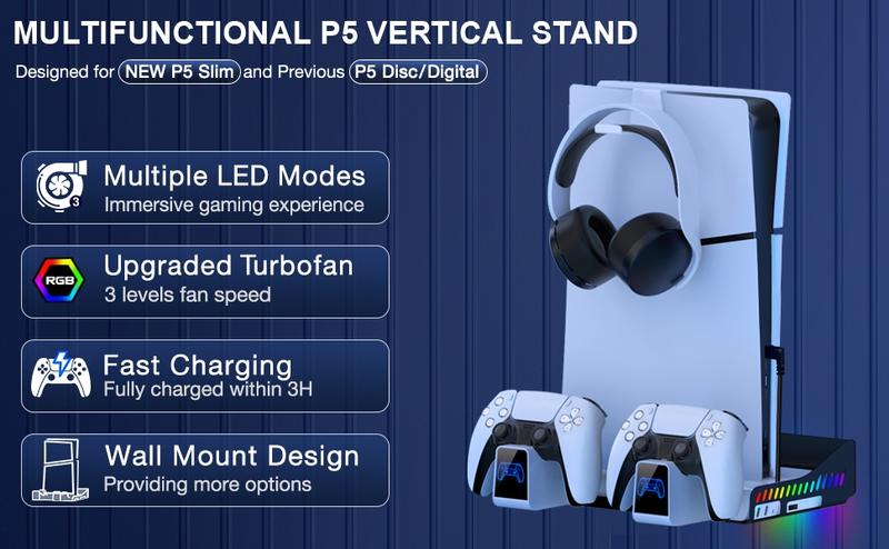 BEBONCOOL For PS5 Slim Cooling Stand Dual Controller Charging Station for Playstation 5 Console  Wall Mount Cooling Station PS5 Charger