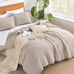 King Size Comforter Set - 7 Pieces Bed in a Bag King Bedding Comforter Sets Oatmeal, Winter Soft Lightweight Comforter with Fitted Sheets, Flat Sheets, Pillowcases & Shams