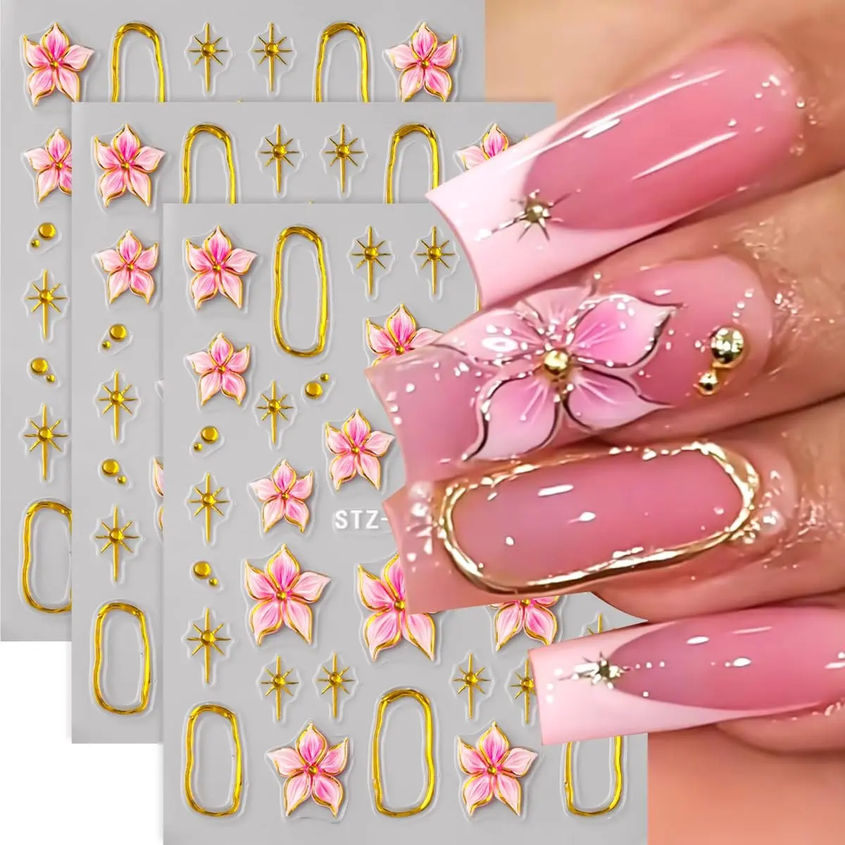 Flower Nail Art Stickers Decals, 3 Sheets 5D Embossed Self Adhesive, Lily Floral Design, Frame, Stars Nail Decoration for Women Girls