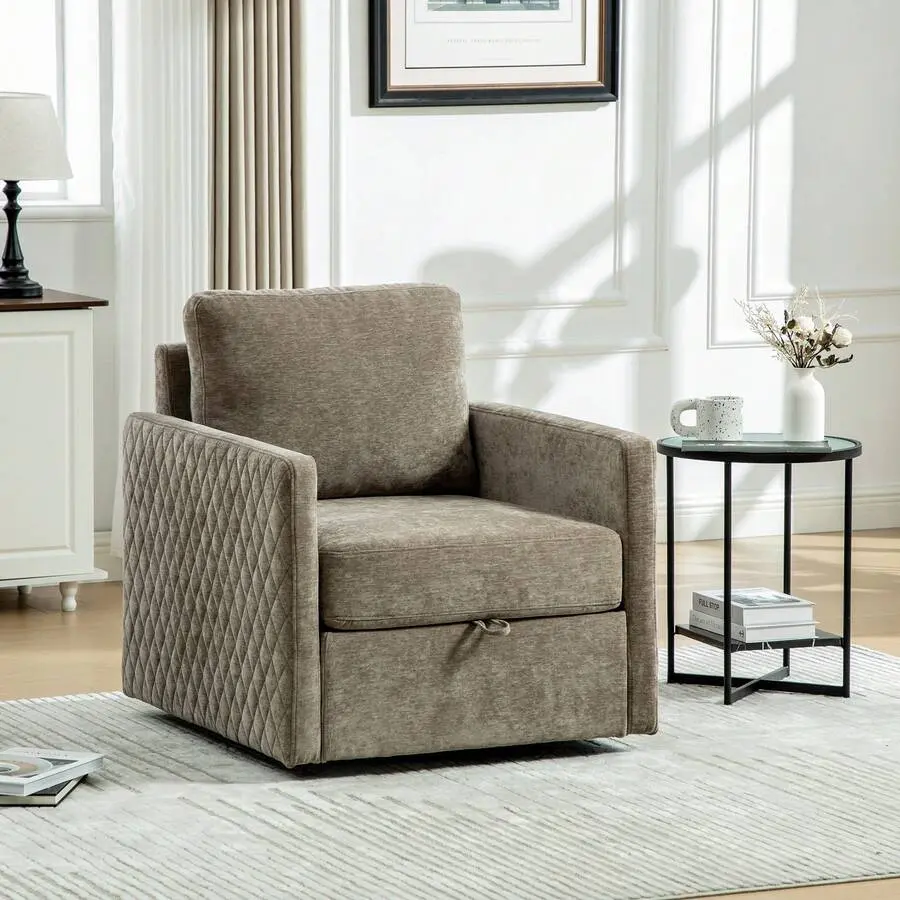 Rhomtree 29.5"W Upholstered 360°Swivel Armchair With Hidden Storage, Comfy Diamond-Shape Tufted Armrests Accent Square Club Chair Single Sofa With Pillow For Living Room, Bedroom,Reading Nook, Corner