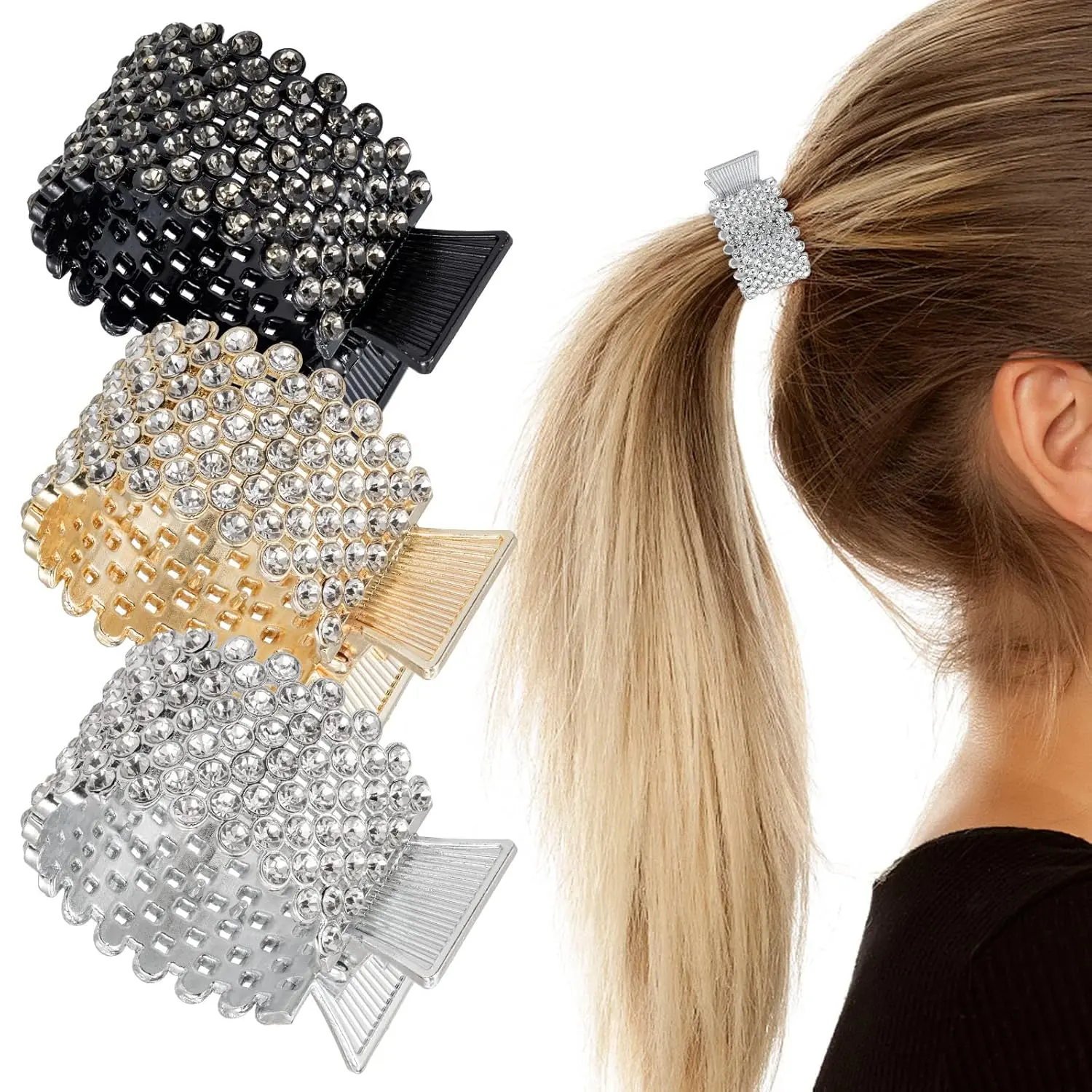 3PCS Rhinestone Hair Claw Clips for High Ponytail, Small Metal Shark Hair Clips Ponytail Buckle Holder for Thick Long Hair, Decorative Hair Barrettes Hair Accessories for Women & Girls