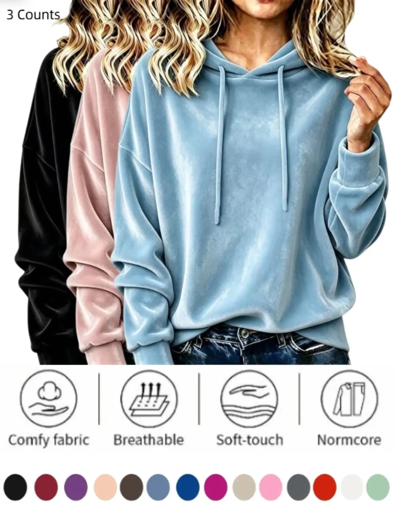 Women 1/3 piece Velour Fabric Drawstring Hoodie Drop Shoulder Long Sleeve Loose Fit Casual Daily Pullover Sweatshirt