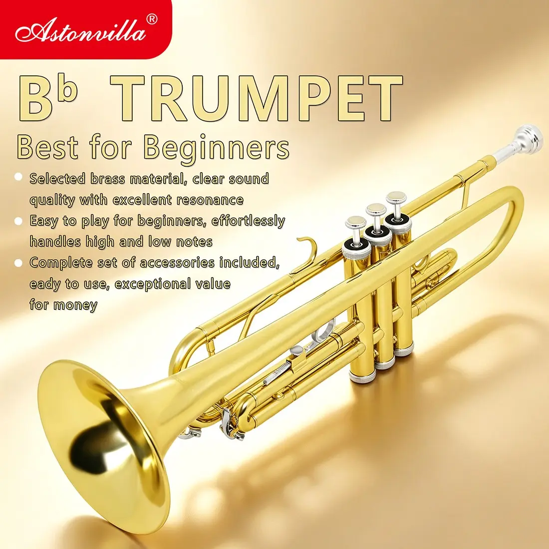 Astonvilla Bb Standard Brass Trumpet with Abs Lightweight Case, 4-String Instrument, Ideal for Musicians, Durable and Portable Design