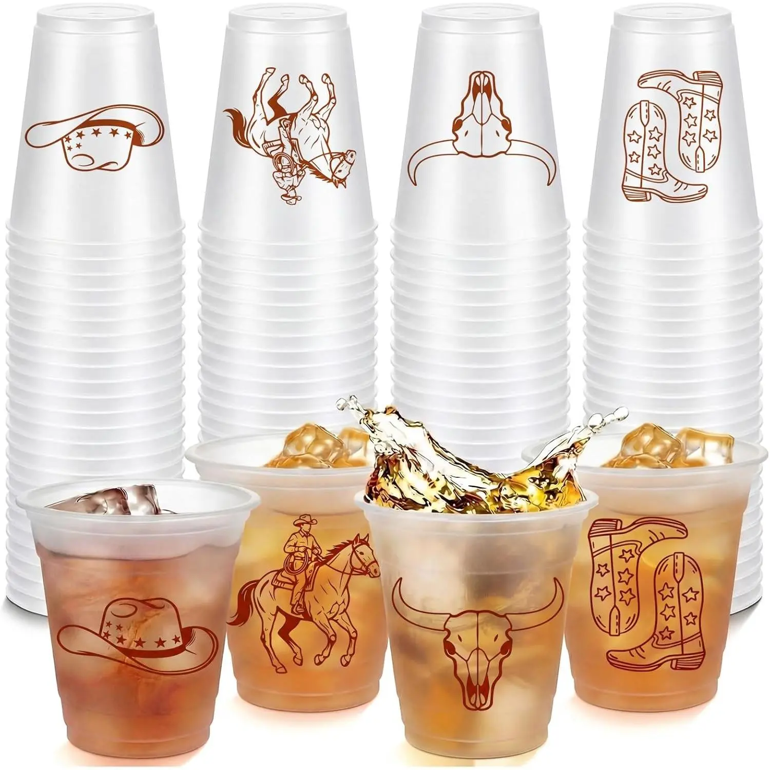 48 Pcs 12oz Western Cowboy Plastic Cups Bulk Brown Disposable Frosted Clear Drinking Cups for Western Themed Party Boho Preppy Rodeo Birthday Baby Shower Party Supplies Decorations